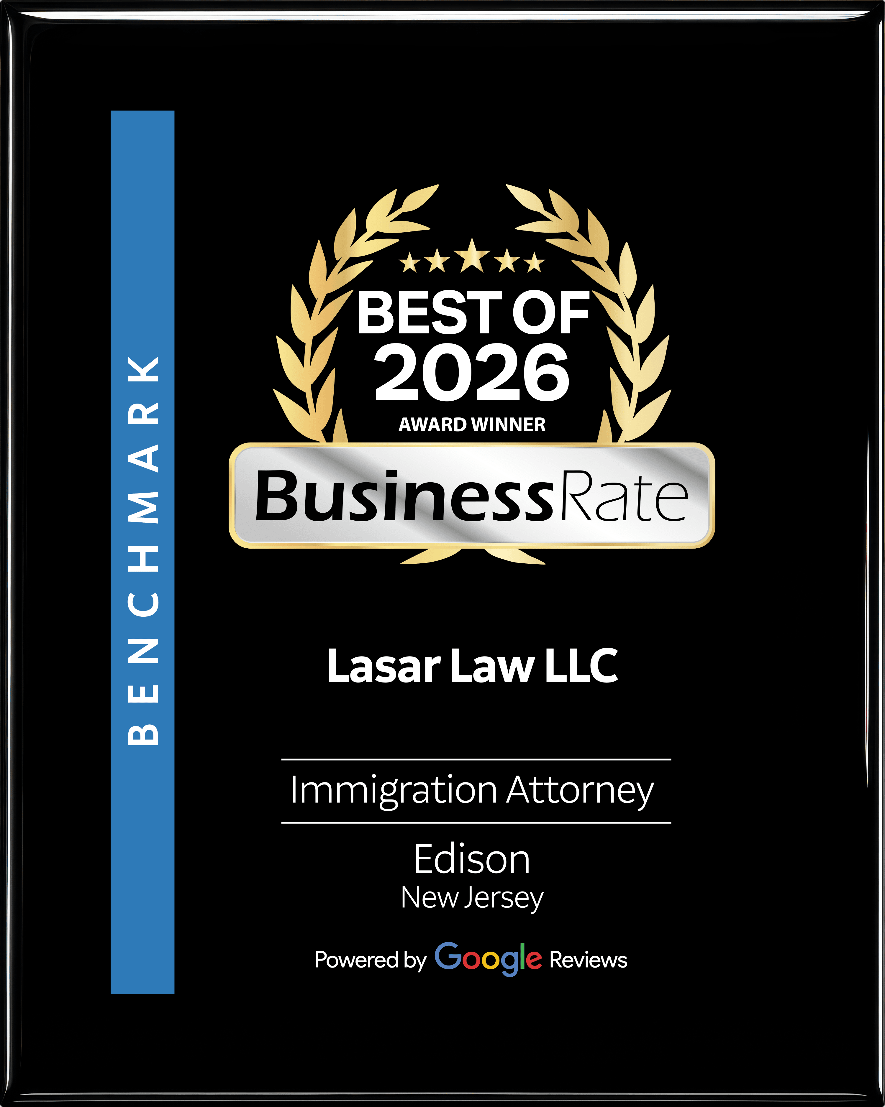 BusinessRate Best of 2026 award plaque presented to Lasar Law LLC, Immigration Attorney, Edison, New Jersey